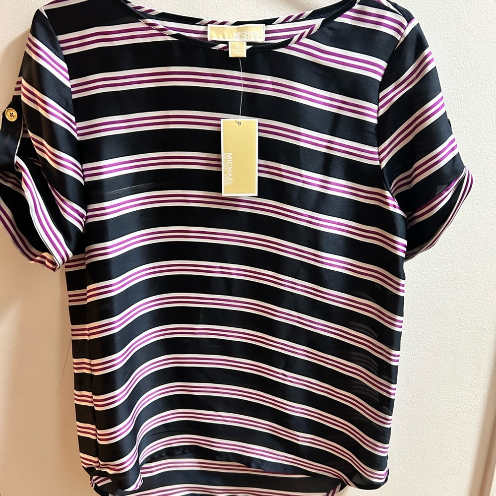 Michael Kors Women's Sz‎ 8 Navy/White/Purple Stripe Blouse